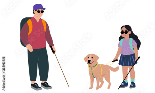 Blind boy with stick and little girl with her dog guide walking outside