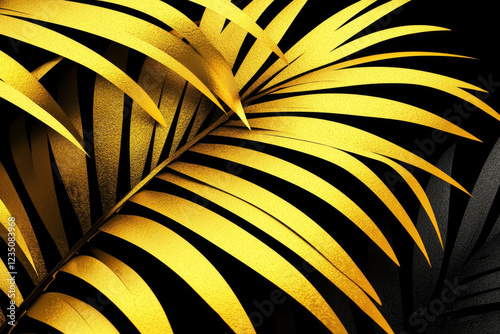 Golden palm fronds against a black background Luxurious tropical design.
