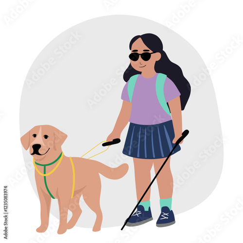 Blind little girl with her dog guide walking outside
