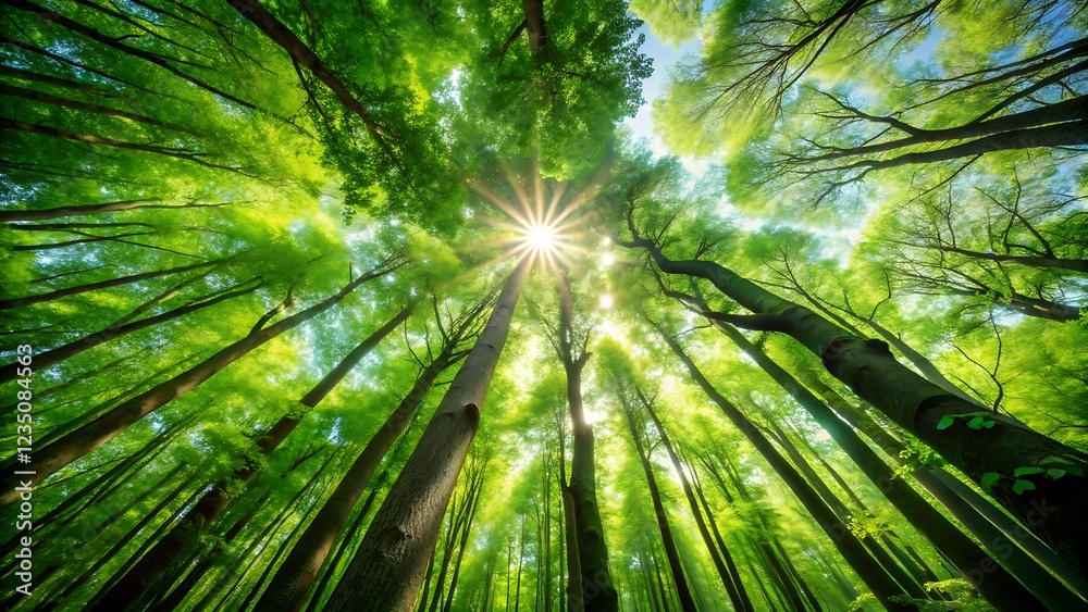 Looking Up Through Lush Green Forest Trees – Peaceful Nature Scene with Sunlight Looking Up Through Lush Green Forest Trees – Peaceful Nature Scene with Sunlight