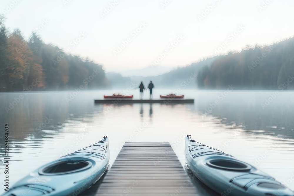 serene lake surrounded by kayaks available for rent couple walking towards dock in background and copy space