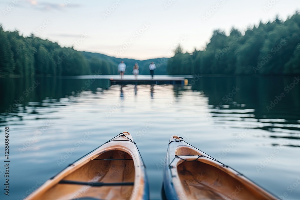 Obraz premium serene lake surrounded by kayaks available for rent couple walking towards dock in background and copy space