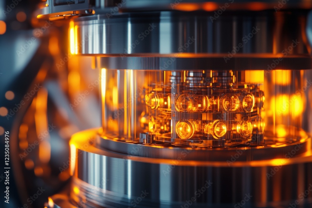 Quantum computer core with glowing qubits in advanced setup Quantum computer core with glowing qubits in advanced setup