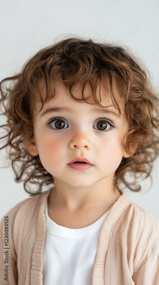 Adorable toddler posing in studio setting, sporting curly locks, warm beige cardigan, and crisp white tee Adorable toddler posing in studio setting, sporting curly locks, warm beige cardigan, and crisp white tee