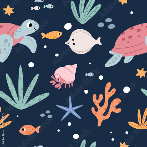 Ocean or sea with cute fish, stingray, octopus, stars Vector seamless pattern. Undersea world print for kids photo