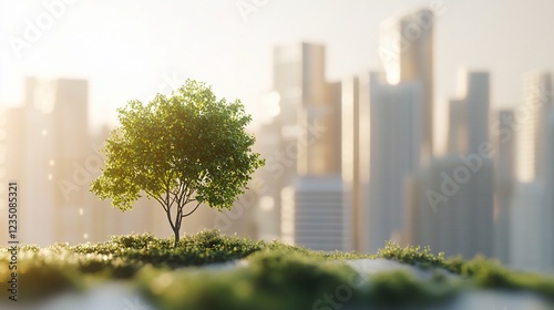 Sunrise city skyline, small tree, green growth, urban environmental concept, sustainability