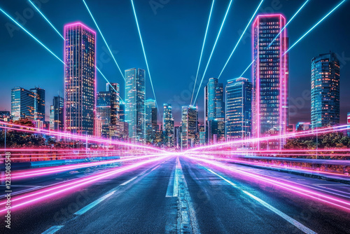 Neon city skyline, vibrant light trails streak across an empty highway.