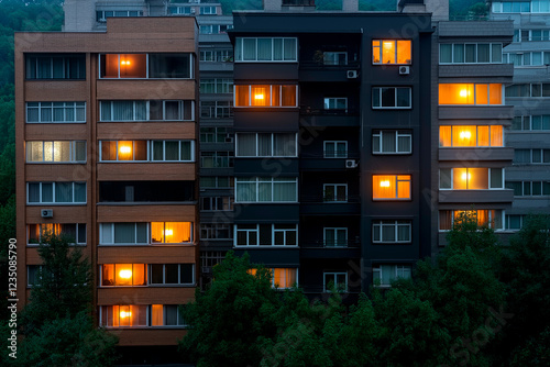 Modern apartment building at night with illuminated windows showcasing energy efficiency, advanced insulation, and sustainable architecture, promoting eco-conscious urban development.