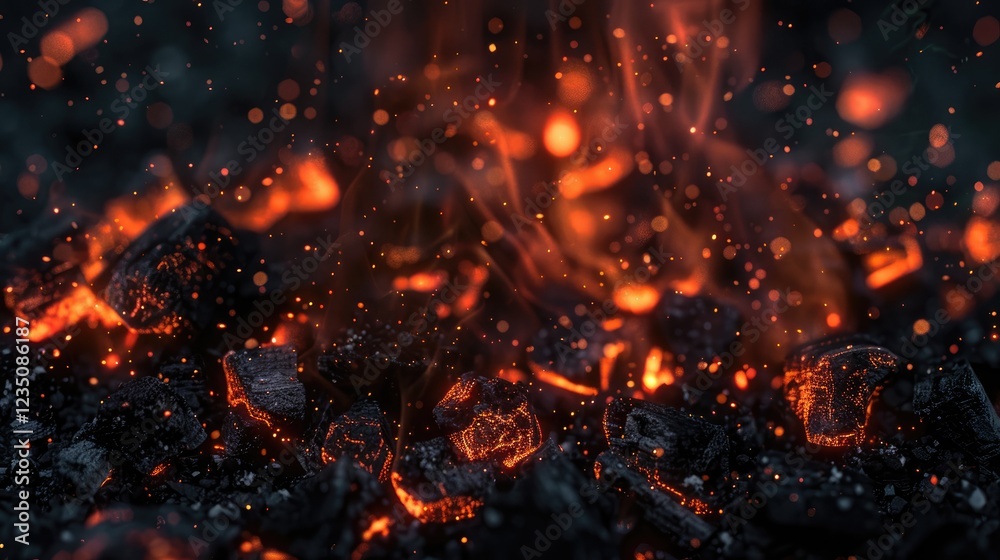 Close-up of embers with bright orange flames. Heat and energy. Close-up of embers with bright orange flames. Heat and energy.