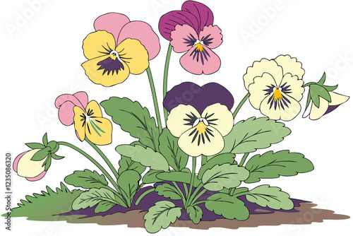  Vibrant pansies, colorful flower bed, lush green foliage, mixed pansy varieties, springtime garden display, bright floral arrangement, multicolored blooms, botanical photography, isolated on white ba