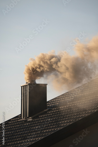 Thick white smoke from the chimney.