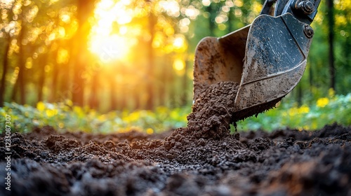 Excavator scoop lifting rich soil in a sunlit forest clearing, showcasing nature's beauty