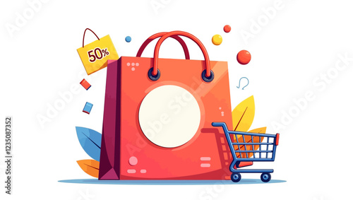 Giant red bag with place for brand, shopping cart, tags, discount sign. Time for shopping. Advertising vector composition for store. Online sale, color layout