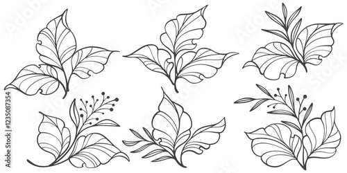 Set of branch with leaves line art vector illustration