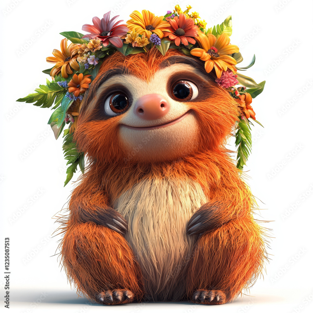 Fototapeta premium Adorable sloth wearing a vibrant flower crown.