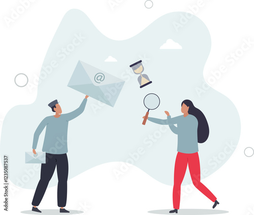 Email marketing with targeted promotion letter delivery.Correspondence distribution with postman as reliable and personalized promotion offer.flat characters.