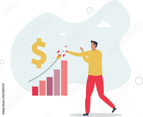 Paid advertising and marketing boost for sales growth .Brand recognition campaign with purchased ads, commercials and banners for company profit development.flat characters.