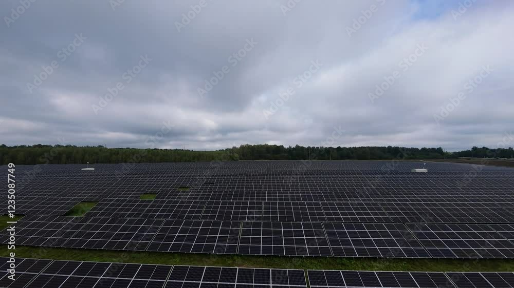Expansive Solar Panel Array in Renewable Energy Farm Wide view of solar panel farm under cloudy skies, surrounded by trees, representing sustainable energy and environmental innovation Expansive Solar Panel Array in Renewable Energy Farm Wide view of solar panel farm under cloudy skies, surrounded by trees, representing sustainable energy and environmental innovation