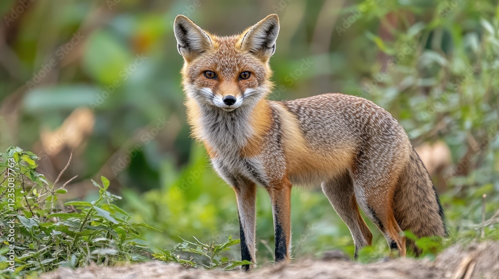 Alert Fox in Natural Habitat Amidst Greenery and Soft Light Alert Fox in Natural Habitat Amidst Greenery and Soft Light