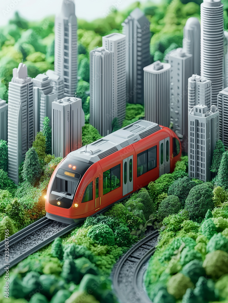 Obraz premium Red train traversing lush green cityscape.