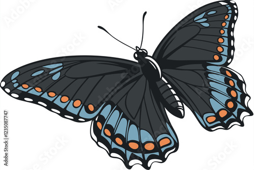 Majestic black butterfly, detailed wings, iridescent blue sheen, orange spots, scientific specimen, white background, high contrast, macro photography, symmetrical composition, entomology illustration