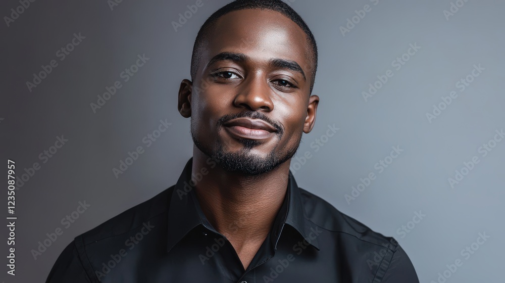 Obraz premium A Young Man Smiles Gently Against A Gray Background