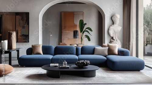 Scandinavian-inspired modern living room with a blue sofa and a stylish black coffee table. 