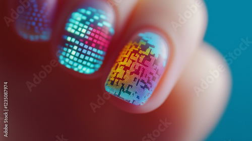 Pixelated digital nail art mimicking electronic circuits, showcasing vibrant geometric patterns on fingernails with tech-inspired design photo