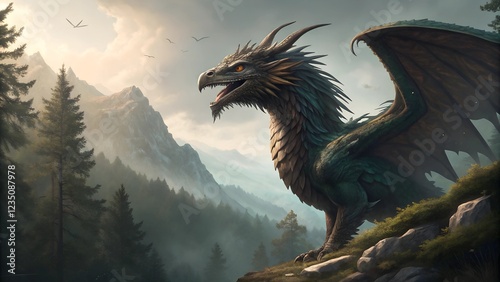 This is a digital painting or illustration of a formidable dragon perched atop a rocky outcrop