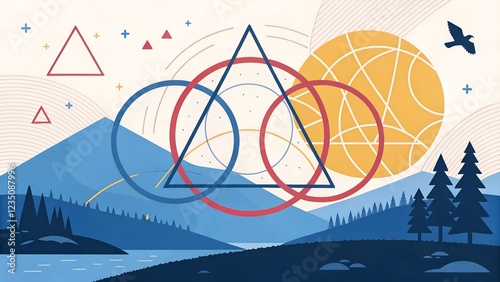 This is a stylized, flat-design illustration of a landscape featuring geometric shapes. 