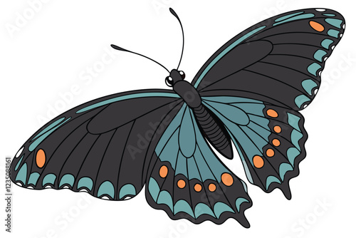 Majestic black butterfly, detailed wings, iridescent blue sheen, orange spots, scientific specimen, white background, high contrast, macro photography, symmetrical composition, entomology illustration