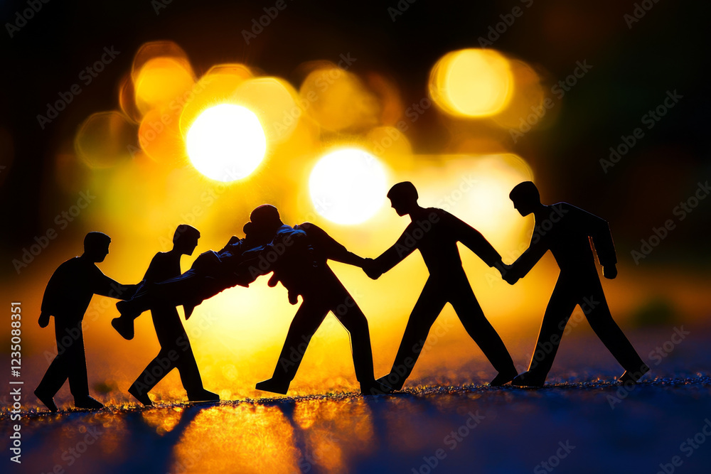 Obraz premium Silhouetted figures collaborate, carrying a comrade, backlit by a vibrant sunset.