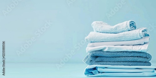 a neat stack of clean laundry, a horizontal banner for a cleaning company or laundry, a poster, a minimalistic blue background, copy space, free space for text