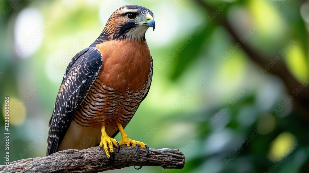 Beautiful Hawk Perched on Branch in Lush Green Environment Beautiful Hawk Perched on Branch in Lush Green Environment