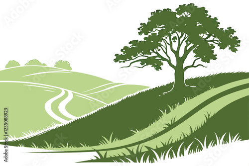 Green rolling hill, lush grass, minimalist landscape, isolated on white background, serene, peaceful, simple composition, natural curve, vibrant green, gentle slope, organic shape, clean edges, tranqu
