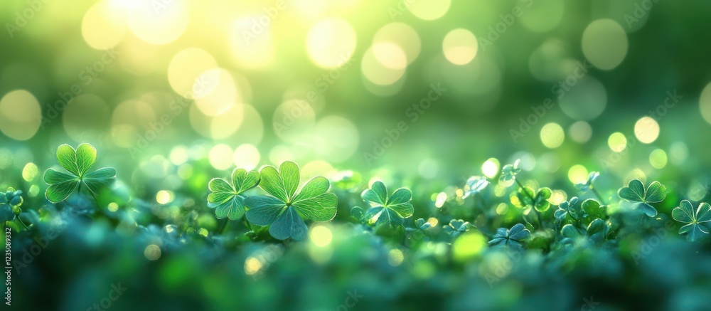 Fototapeta premium Sunlit clover field, bokeh background