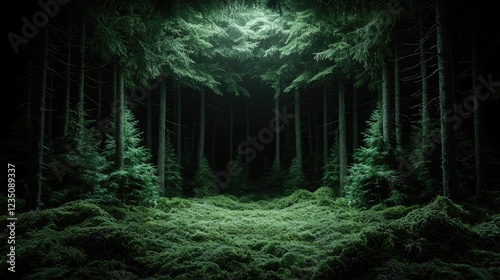 Mysterious dark forest path, moonlit clearing, serene nature scene, fantasy background