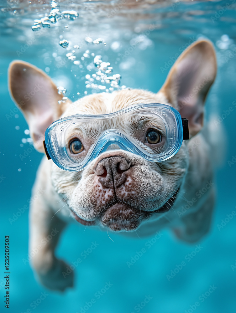 French bulldog wearing colorful diving goggles, paddling underwater in blue pool with playful expression