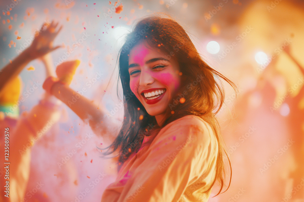Obraz premium young beautiful happy woman celebrating Indian festival Holi and wearing different colored gulaal on her face, generative AI