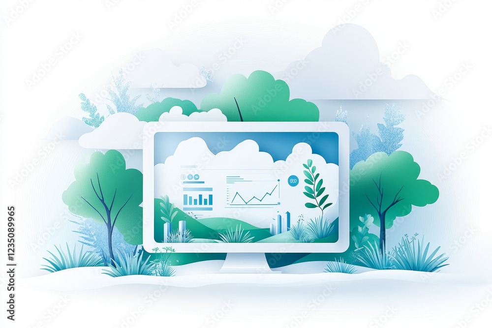 Fototapeta premium Eco-friendly data visualization: Graphs and charts displayed on a computer screen amidst a serene landscape.