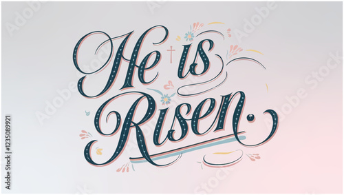 He is Risen calligraphy on a white background, featuring graceful lettering with a festive and spiritual touch to celebrate the occasion.