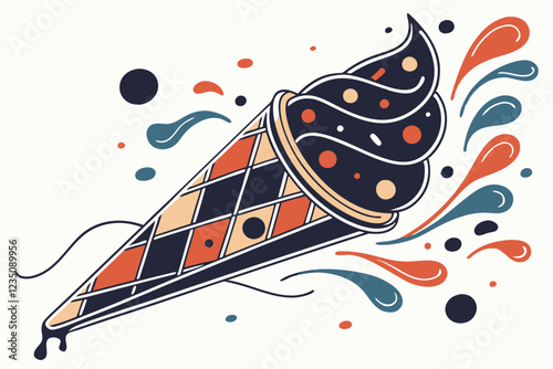 Abstract paint splatter, vibrant colors, cone shape, artistic composition, multicolored dots, dynamic flow, black to blue gradient, orange and red accents, textured surface, paint drips, colorful expl