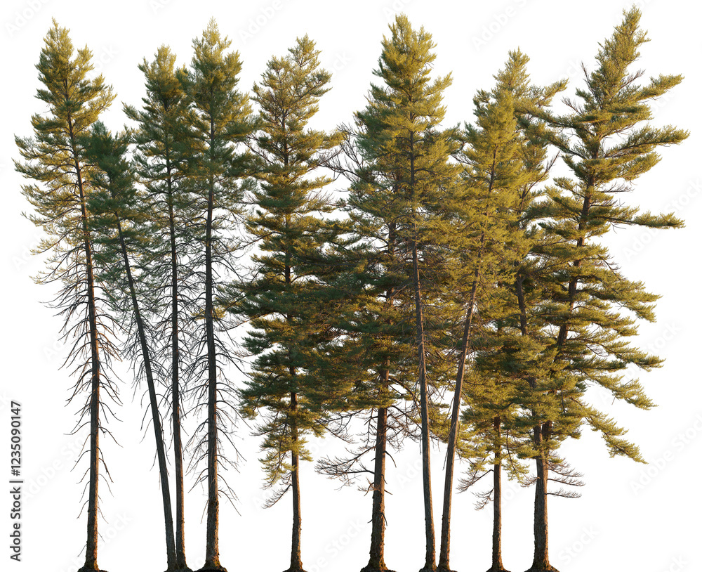 Pinus mariana forest clumps pine\picea trees isolated png on a transparent background evening light premium cutout (Black spruce, bog spruce, swamp spruce)
