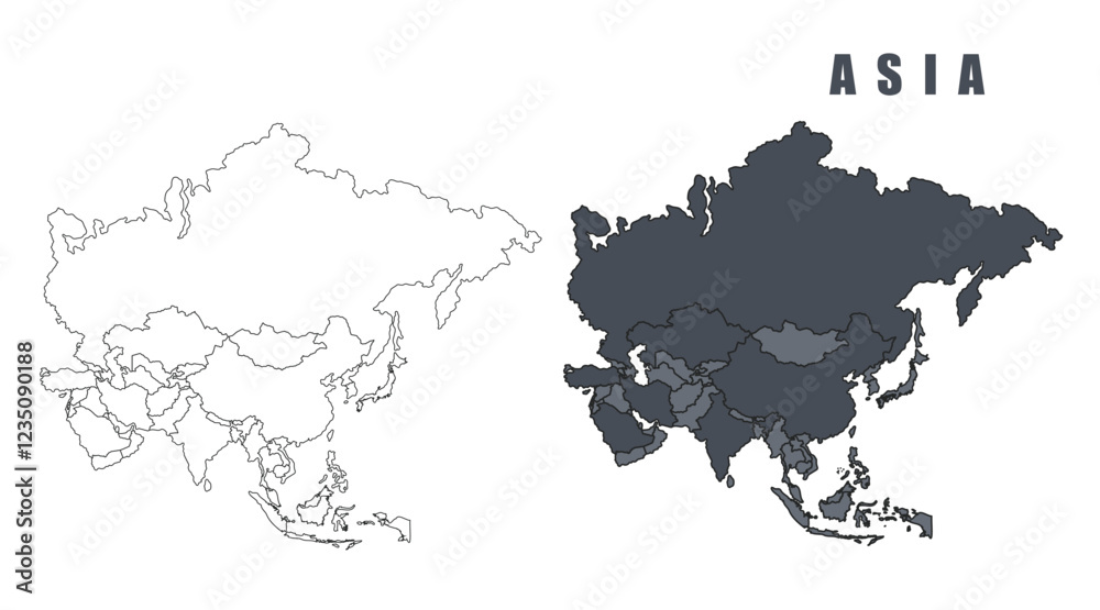 Fototapeta premium Asia country map simple flat outline vector illustration set