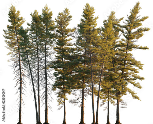 Pinus mariana forest clumps pine\picea trees isolated png on a transparent background evening light premium cutout (Black spruce, bog spruce, swamp spruce)