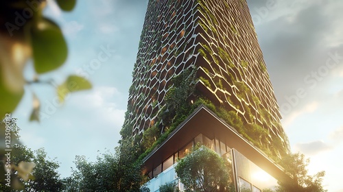 A contemporary high-rise plaza with a facade of interlocking hexagons, green terraces, and an eco-friendly design that promotes energy efficiency photo