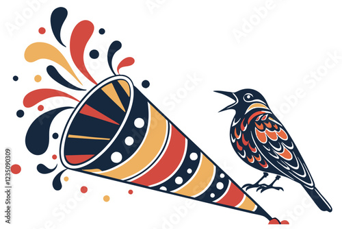Abstract paint splatter, vibrant colors, cone shape, artistic composition, multicolored dots, dynamic flow, black to blue gradient, orange and red accents, textured surface, paint drips, colorful expl