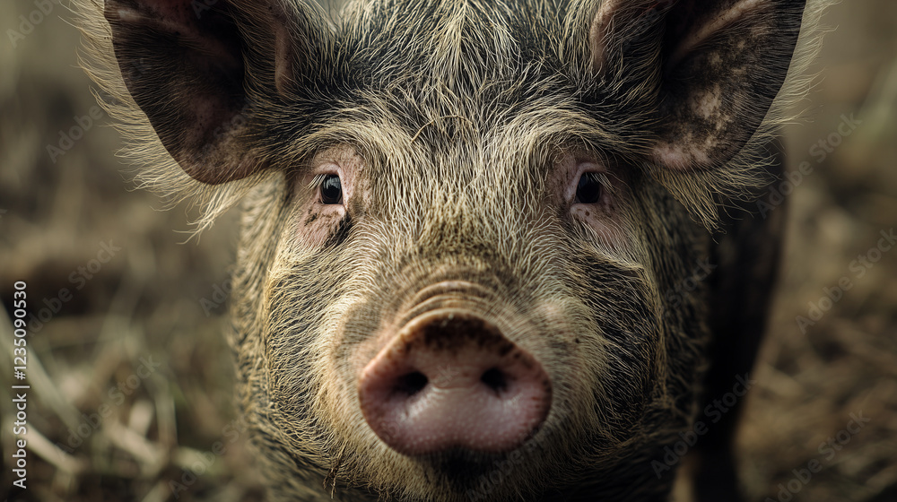 Fototapeta premium Farmyard pig portrait showcasing intense gaze, large snout, furry ears, revealing rustic livestock character and rural charm