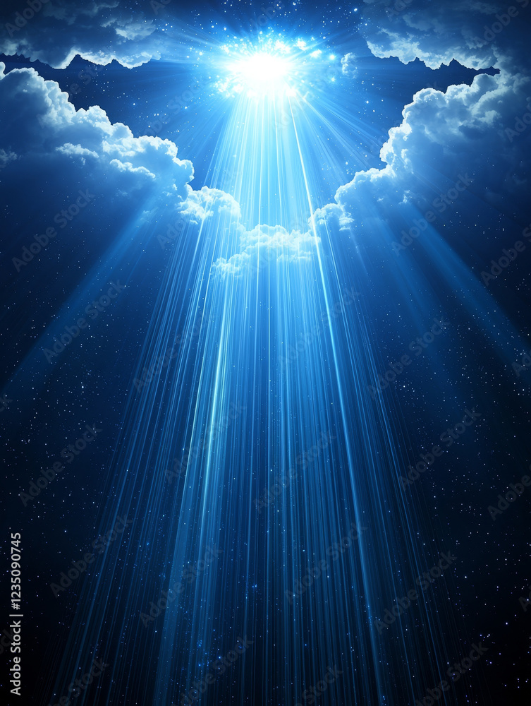 Fototapeta premium Celestial light beams pierce through night clouds.