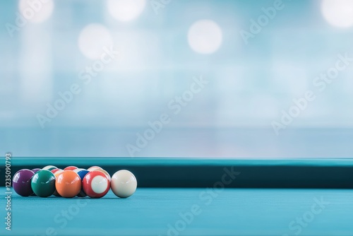 vibrant pool table setup with colorful balls perfectly aligned set against softly blurred bar background with ample photo